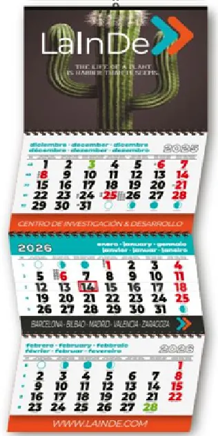 [P-8115] Calendario pared faldilla 3 meses vista con publicidad entre faldillas personalizado (33,5 cm, Cortada wire-o con publicidad)